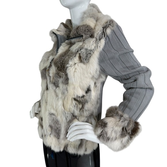 Essenza Y2K Real Lapin Fur Jacket Rabbit Fur Trim Zip Sweater Cardigan Size M - Picture 16 of 16